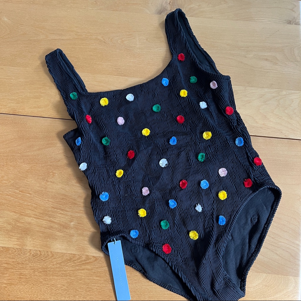 Women’s Black One-Piece Swimsuit With Multicolor Pom Dot Embroidery